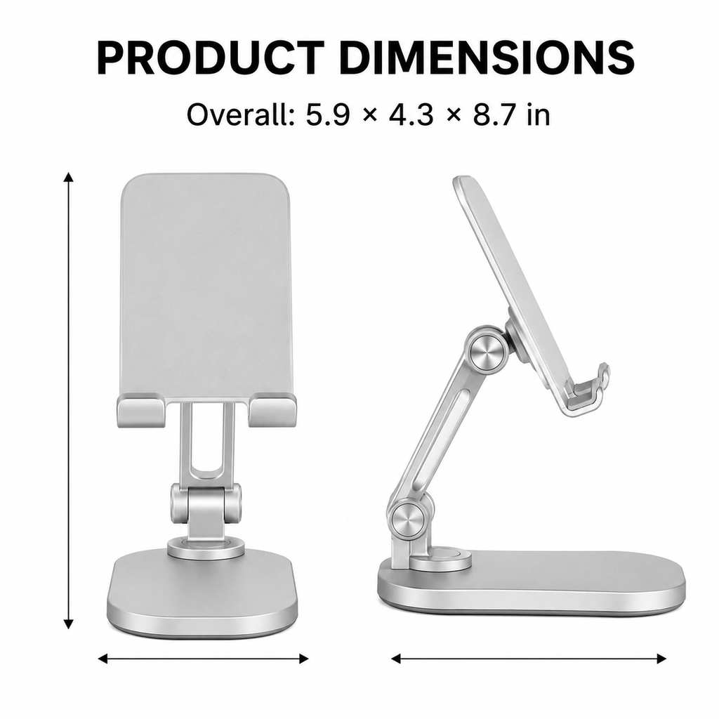 PivotBase Adjustable Phone and Tablet Stand – size and fit view