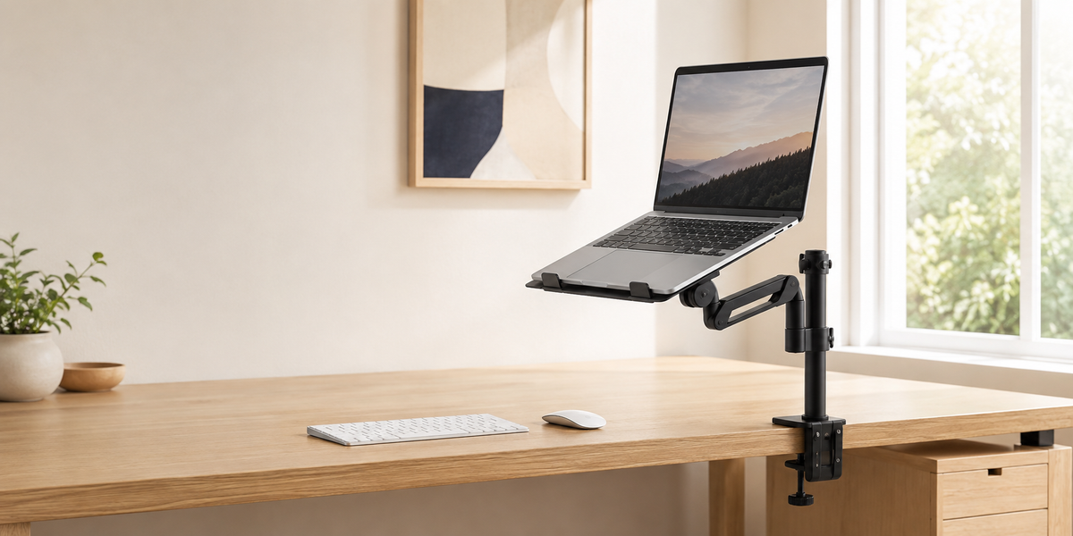 ClampLift adjustable desk-mount laptop stand in a modern home office