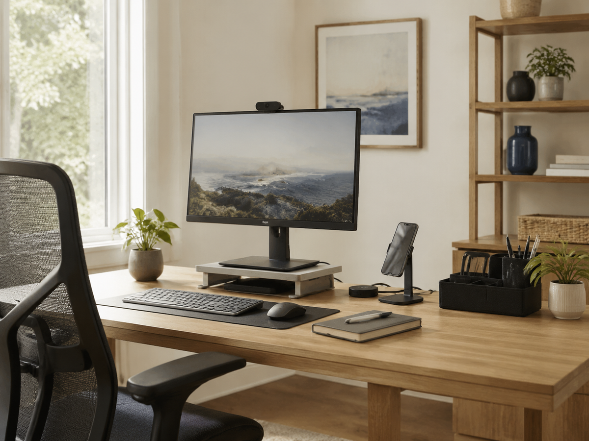 Organized modern home office with workspace accessories